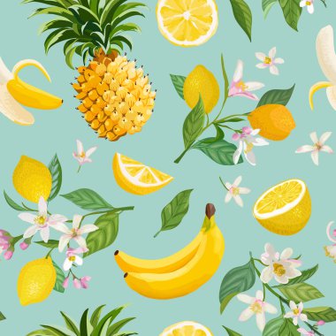 Limon, muz, ananas, meyve, yaprak, çiçek arka plan ile Dikişsiz Tropikal Meyve desen. Yaz romantik kapak için suluboya tarzı el çizilmiş vektör illüstrasyon, tropikal duvar kağıdı