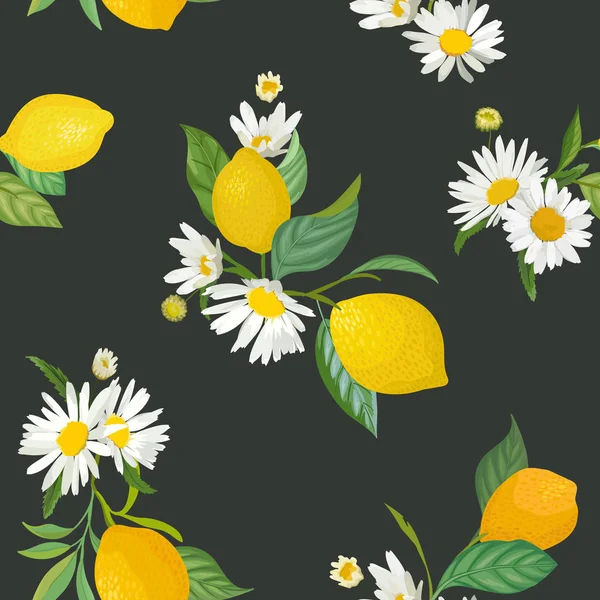 Patrón de limón sin costura con frutas tropicales, hojas, flores de margarita fondo. Ilustración vectorial dibujada a mano en estilo acuarela para cubierta romántica de verano, fondo de pantalla tropical, textura vintage — Archivo Imágenes Vectoriales