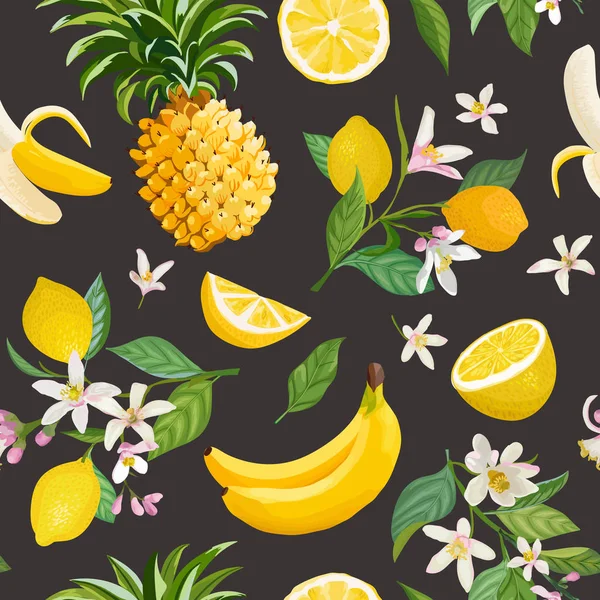Naadloze tropisch fruit patroon met citroen, banaan, ananas, fruit, bladeren, bloemen achtergrond. Hand getekende vector illustratie in aquarel stijl voor zomer romantische cover, tropisch behang — Stockvector
