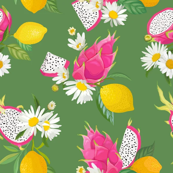 Naadloze patroon met Dragon fruit, Pitaya, Citrus citroen en Daisy bloemen achtergrond. Hand getekende vector illustratie in aquarel stijl voor zomer romantische cover, tropische wallpaper textuur — Stockvector