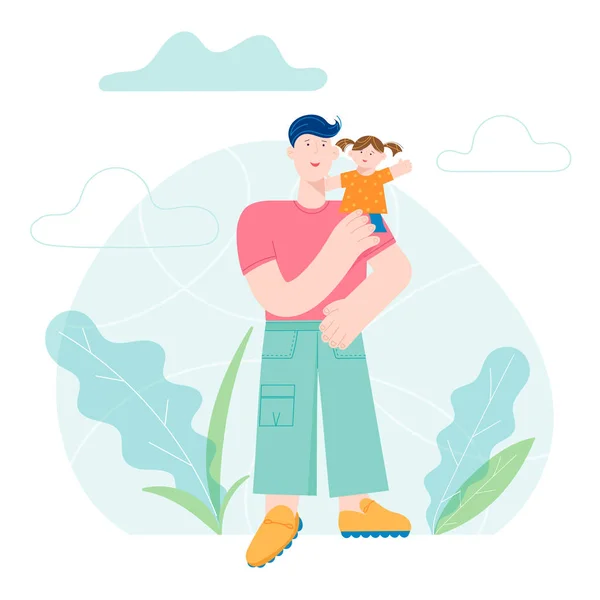 子供を抱く笑顔のお父さんキャラクターとハッピー父の日のコンセプトカード。ベクトルモダントレンディイラスト — ストックベクタ