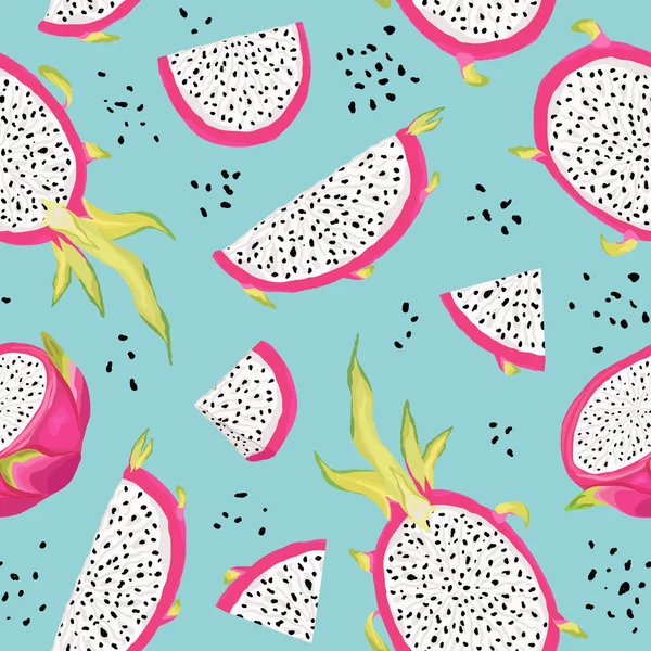 Padrão sem costura com frutas de dragão, fundo pitaya. Ilustração vetorial desenhada à mão em estilo aquarela para capa romântica de verão, papel de parede tropical, textura vintage —  Vetores de Stock