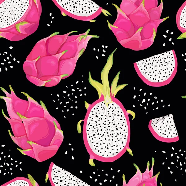 Padrão sem costura com frutas de dragão, fundo pitaya. Ilustração vetorial desenhada à mão em estilo aquarela para capa romântica de verão, papel de parede tropical, textura vintage —  Vetores de Stock