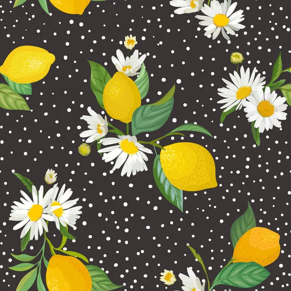 열대 과일, 잎, 데이지 꽃 배경 원활한 레몬 패턴. 여름 로맨틱 커버, 열대 벽지, 빈티지 질감을위한 수채화 스타일의 손으로 그린 벡터 일러스트레이션 — 스톡 벡터