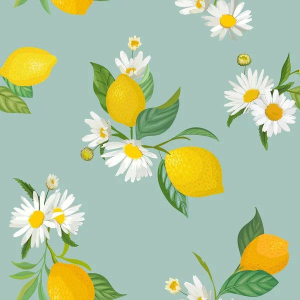 Motif citron sans couture avec fruits tropiques, feuilles, fond de fleurs marguerites. Illustration vectorielle dessinée à la main dans un style aquarelle pour couverture romantique d'été, papier peint tropical, texture vintage — Image vectorielle