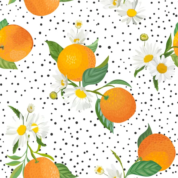 Naadloze oranje patroon met Tropic fruit, bladeren, Daisy bloemen achtergrond. Hand getekende vector illustratie in aquarel stijl voor zomer cover, tropisch behang, Citrus Vintage textuur — Stockvector