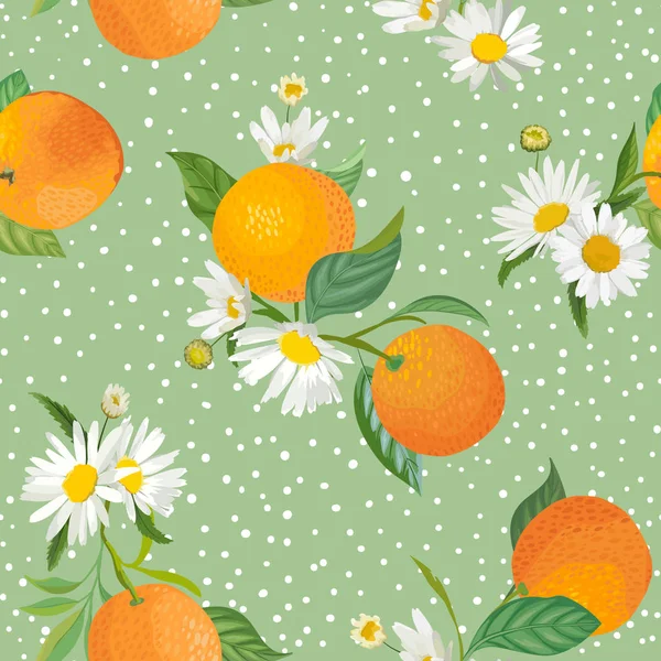 Naadloze oranje patroon met Tropic fruit, bladeren, Daisy bloemen achtergrond. Hand getekende vector illustratie in aquarel stijl voor zomer cover, tropisch behang, Citrus Vintage textuur — Stockvector