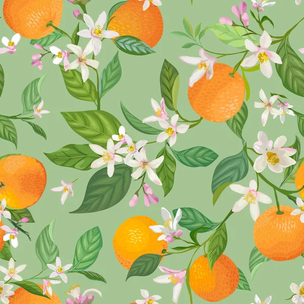 Nahtloses orangefarbenes Muster mit tropischen Früchten, Blättern, Blüten Hintergrund. handgezeichnete Vektorillustration im Aquarell-Stil für Sommereinband, Zitrusfrucht-Tropentapete, Vintage-Textur — Stockvektor