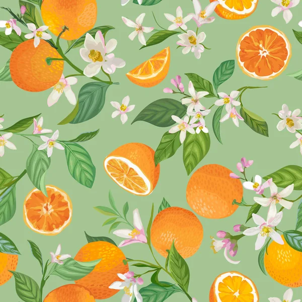 Nahtloses orangefarbenes Muster mit tropischen Früchten, Blättern, Blüten Hintergrund. handgezeichnete Vektorillustration im Aquarell-Stil für Sommereinband, Zitrusfrucht-Tropentapete, Vintage-Textur — Stockvektor