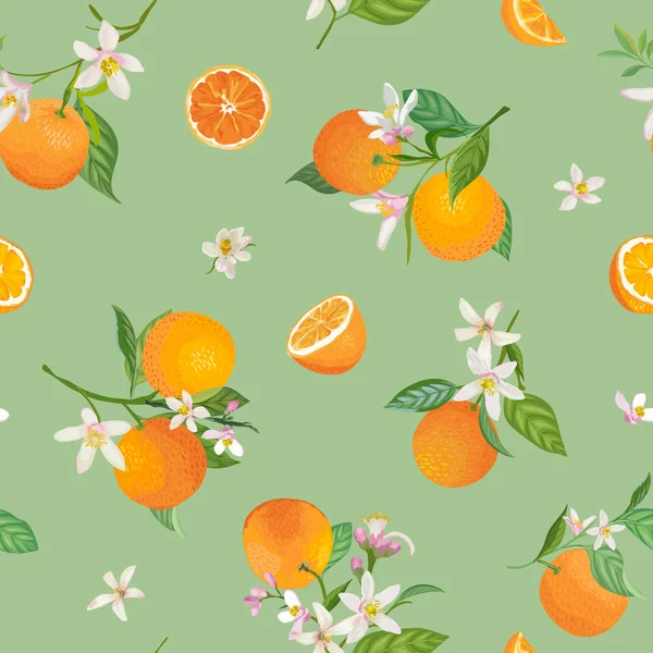 Bezešvé oranžové vzory s tropickými plody, listy, květiny na pozadí. Ručně vykreslené vektorové ilustrace ve stylu akvarel pro letní krytí, Citrus tropická Tapeta, struktura vína — Stockový vektor