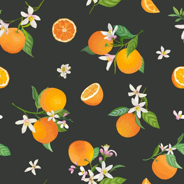 Naadloze oranje patroon met Tropic fruit, bladeren, bloemen achtergrond. Hand getekende vector illustratie in aquarel stijl voor zomer cover, Citrus tropische behang, vintage textuur — Stockvector