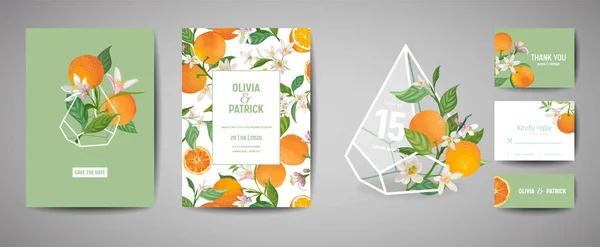 Set of Botanical wedding invitation card, vintage Save the Date, template design of orange fruit, flowers and leaves, blossom illustration. Vector trendy cover, graphic poster, brochure — Stock Vector