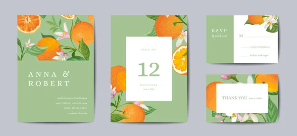 Botanik retro düğün davetiye kartı seti, vintage Tarihi kaydet, portakal meyve ve yaprakları, narenciye çiçeği illüstrasyon şablon tasarımı. Vektör trendy kapak, pastel grafik afiş, broşür — Stok Vektör