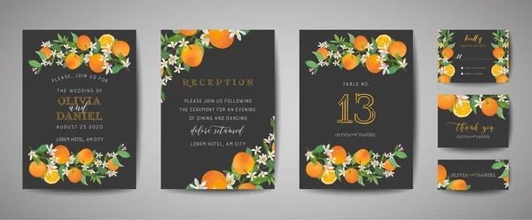 Ensemble de carte d'invitation de mariage botanique, vintage Save the Date, modèle de dessin d'orange, agrumes, fleurs et feuilles, illustration de fleurs. Couverture vectorielle tendance, affiche graphique, brochure — Image vectorielle