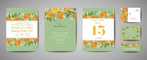 Set van botanische bruiloft uitnodigingskaart, vintage opslaan de datum, sjabloonontwerp van Oranje, citrusvruchten, bloemen en bladeren, bloesem illustratie. Vector trendy cover, grafische poster, brochure — Stockvector