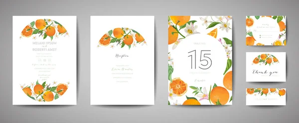 Set van botanische bruiloft uitnodigingskaart, vintage opslaan de datum, sjabloonontwerp van Oranje, citrusvruchten, bloemen en bladeren, bloesem illustratie. Vector trendy cover, grafische poster, brochure — Stockvector