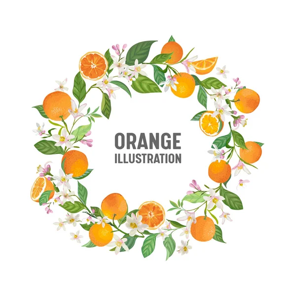 Botanische Hochzeitseinladungskarte, Jahrgang speichern Sie das Datum, Vorlage Rahmen Design von Orange, Zitrusfrüchten, Blumen und Blättern, Blüten Illustration. Vektor trendiges Cover, grafisches Poster, Broschüre — Stockvektor