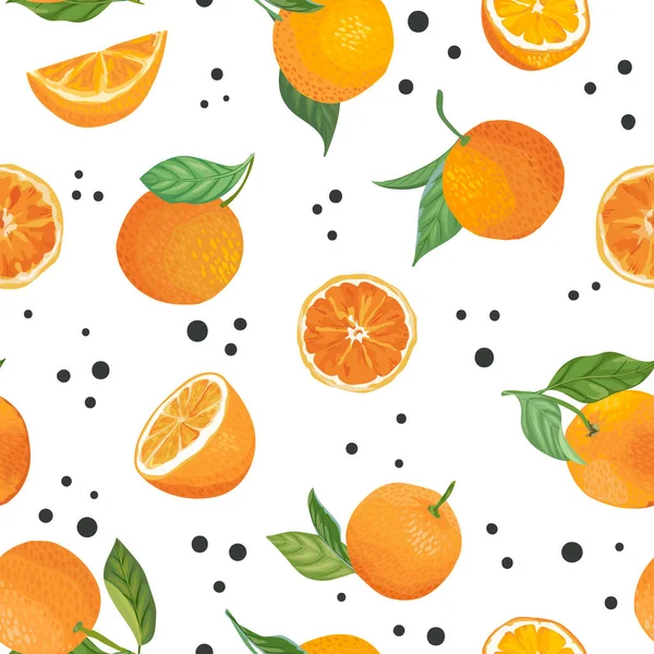 Bezešvé oranžové vzory s tropickými plody, listy, květiny na pozadí. Ručně vykreslené vektorové ilustrace ve stylu akvarel pro letní krytí, Citrus tropická Tapeta, struktura vína — Stockový vektor