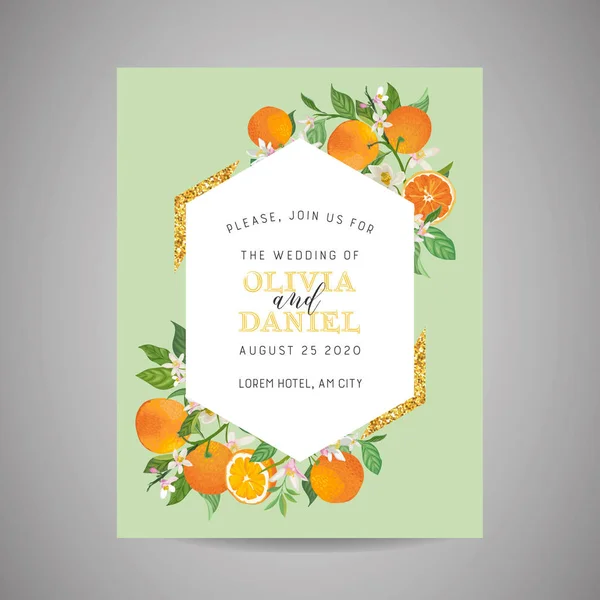 Botanische bruiloft uitnodigingskaart, vintage opslaan de datum, sjabloonontwerp van Oranje, citrusvruchten, bloemen en bladeren, bloesem illustratie. Vector trendy cover, grafische poster, brochure — Stockvector