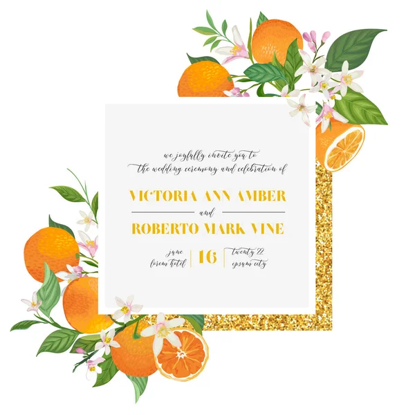 Set of Botanical wedding invitation card, vintage Save the Date, template design of orange, citrus fruit, flowers and leaves, blossom illustration. Vector trendy cover, graphic poster, brochure — Stock Vector