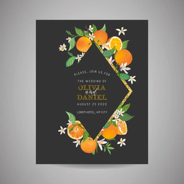 Cartão de convite de casamento botânico, vintage Salvar a data, modelo de design de laranja, frutas cítricas, flores e folhas, ilustração flor. Capa da moda vetorial, cartaz gráfico, brochura — Vetor de Stock