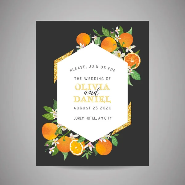Botanische bruiloft uitnodigingskaart, vintage opslaan de datum, sjabloonontwerp van Oranje, citrusvruchten, bloemen en bladeren, bloesem illustratie. Vector trendy cover, grafische poster, brochure — Stockvector