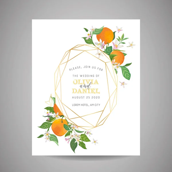 Carte d'invitation de mariage botanique, vintage Save the Date, modèle de dessin d'orange, agrumes, fleurs et feuilles, illustration de fleurs. Couverture vectorielle tendance, affiche graphique, brochure — Image vectorielle