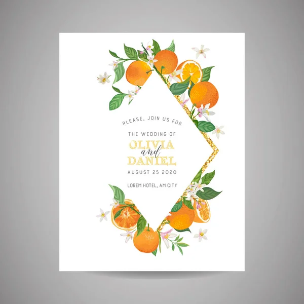 Botanische Hochzeitseinladungskarte, Jahrgang speichern Sie das Datum, Vorlage Design von Orange, Zitrusfrüchten, Blumen und Blättern, Blüten Illustration. Vektor trendiges Cover, grafisches Poster, Broschüre — Stockvektor