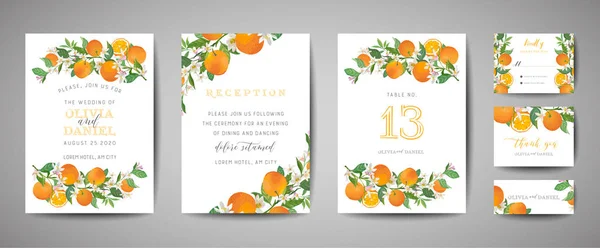 Conjunto de tarjeta de invitación de boda botánica, vintage Save the Date, diseño de plantilla de naranja, cítricos, flores y hojas, ilustración de flores. Portada de moda vectorial, póster gráfico, folleto — Archivo Imágenes Vectoriales