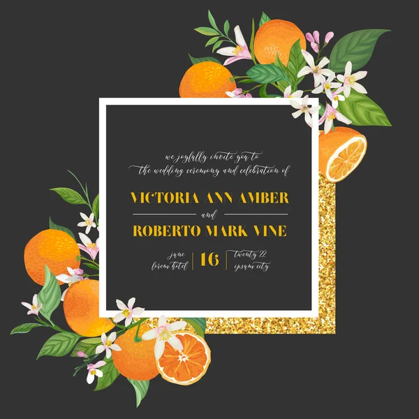 植物の結婚式の招待状、ヴィンテージ保存日付、オレンジ、柑橘類の果物、花や葉のテンプレートデザイン、花のイラストのセット。ベクトルトレンディカバー、グラフィックポスター、パンフレット — ストックベクタ