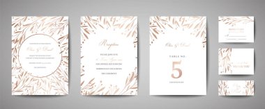 Lüks çiçek düğün tarihi, davet çiçek kartları koleksiyonu altın folyo çerçeveli kurtarmak. Vektör trendy kapak, grafik afiş, retro broşür, tasarım şablonu