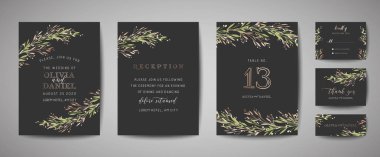 Lüks çiçek düğün tarihi, davet çiçek kartları koleksiyonu altın folyo çerçeveli kurtarmak. Vektör trendy kapak, grafik afiş, retro broşür, tasarım şablonu