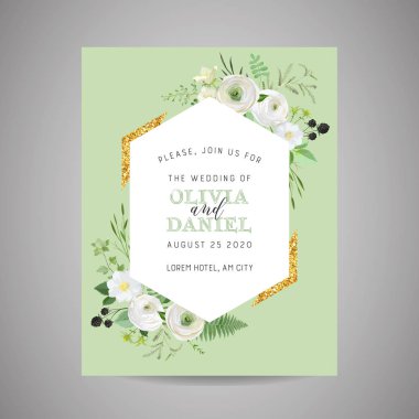 Botanik Düğün Davetiyesi, vintage Save the Date, çiçek davet, teşekkür ederim, altın folyo dekorasyon ile rsvp rustik kart tasarımı. Vektör şablonu, trendy kapak, grafik poster, retro broşür, tasarım