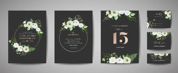 Conjunto de invitación a la boda, invitación floral, gracias, rsvp diseño de tarjeta rústica con decoración de lámina de oro. Vector elegante plantilla moderna, cubierta de moda, póster gráfico, folleto retro, plantilla de diseño — Vector de stock