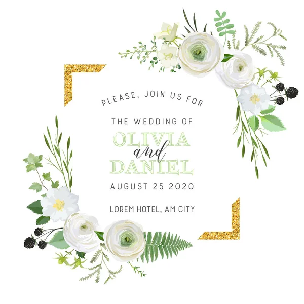 Botanical Wedding Invitation, vintage Save the Date, floral invite, thank you, rsvp rustic card design with gold foil decoration. Vector elegant modern template, trendy cover, graphic poster, design — Stock Vector