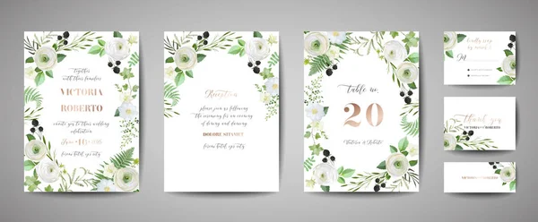 Conjunto de Convite de casamento, convite floral, obrigado, rsvp projeto de cartão rústico com decoração de folha de ouro. Vector modelo moderno elegante, capa da moda, cartaz gráfico, folheto retro, modelo de design — Vetor de Stock