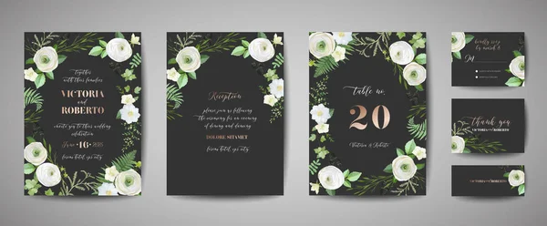 Conjunto de Convite de casamento, convite floral, obrigado, rsvp projeto de cartão rústico com decoração de folha de ouro. Vector modelo moderno elegante, capa da moda, cartaz gráfico, folheto retro, modelo de design —  Vetores de Stock