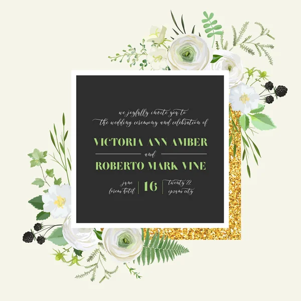 植物の結婚式の招待状、ヴィンテージは日付を保存し、花の招待、ありがとう、金箔の装飾とrsvp素朴なカードデザイン。ベクトルテンプレート、トレンディなカバー、グラフィックポスター、レトロパンフレット、デザイン — ストックベクタ