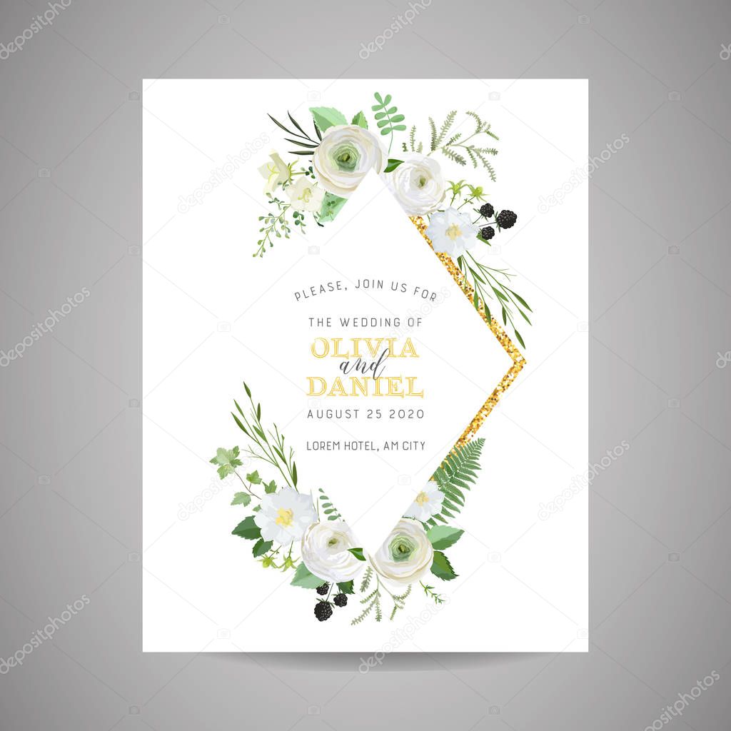Botanical Wedding Invitation, vintage Save the Date, floral invite, thank you, rsvp rustic card design with gold foil decoration. Vector template, trendy cover, graphic poster, retro brochure, design