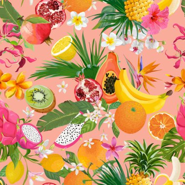 Tropikal meyveler ve çiçekler ile Dikişsiz desen. Muz, turuncu, limon, ananas, Dragon meyve arka plan Tekstil, moda doku, duvar kağıdı vektör