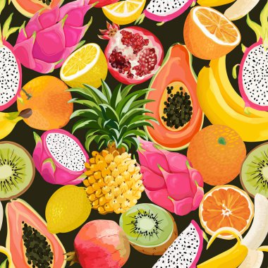 Tropikal meyveler ve çiçekler ile Dikişsiz desen. Muz, turuncu, limon, ananas, Dragon meyve arka plan Tekstil, moda doku, duvar kağıdı vektör