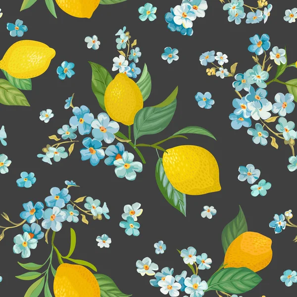 Motif citron sans couture avec fruits tropiques, feuilles — Image vectorielle