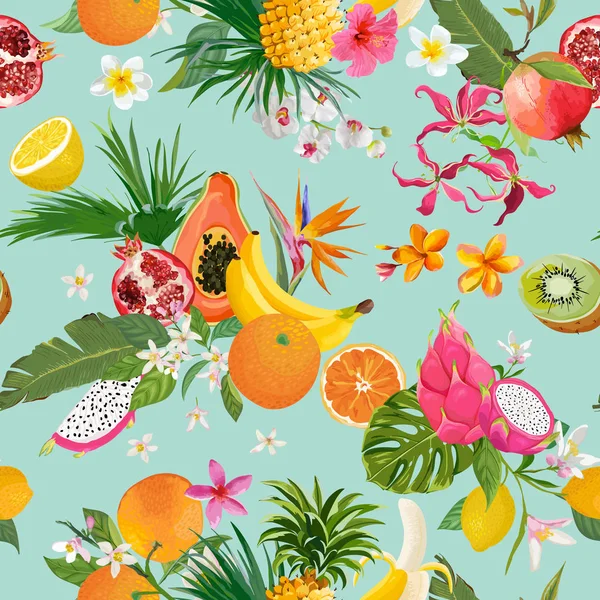 열 대 과일과 꽃 완벽 한 패턴 — 스톡 벡터