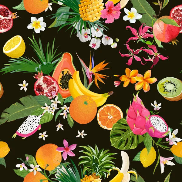 열 대 과일과 꽃과 완벽 한 패턴입니다. 바나나, 오렌지, 레몬, 파인애플, 섬유에 대 한 드래곤 과일 배경, 패션 텍스처, 벡터에서 배경 화면 — 스톡 벡터
