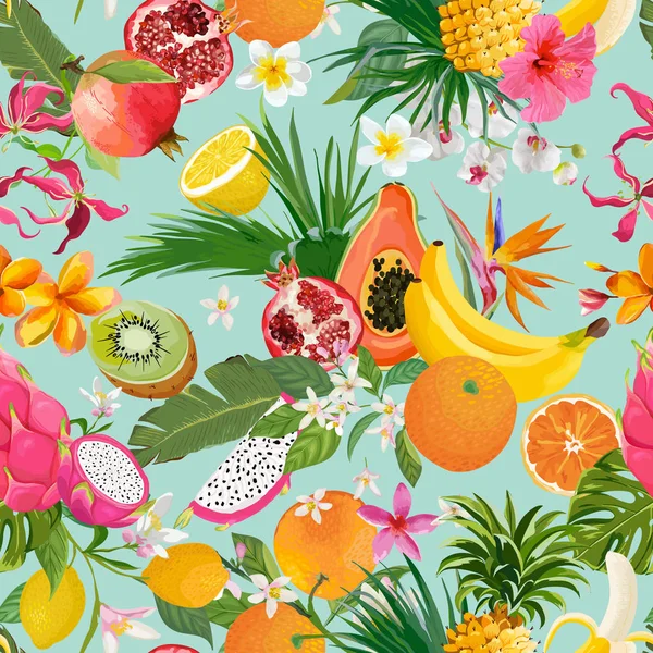 Naadloos patroon met tropische vruchten en bloemen. Banaan, sinaasappel, citroen, ananas, Dragon Fruit achtergrond voor textiel, fashion textuur, behang in vector — Stockvector