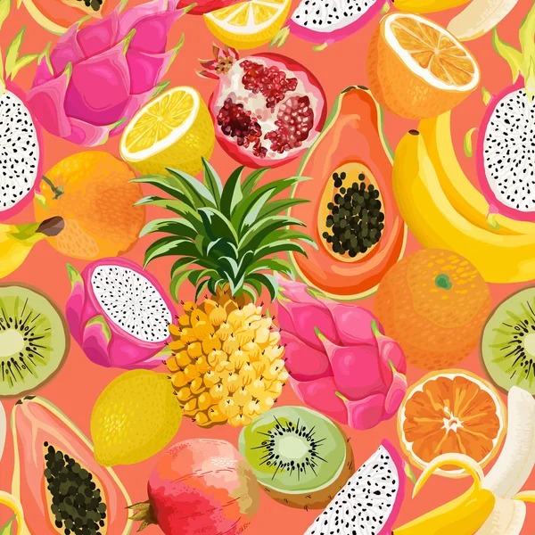 Bezešvé vzory s tropickým ovocem. Banán, pomeranč, citrón, ananas, drak pozadí pro textilní, módní texturu, tapetu v vektorovém — Stockový vektor