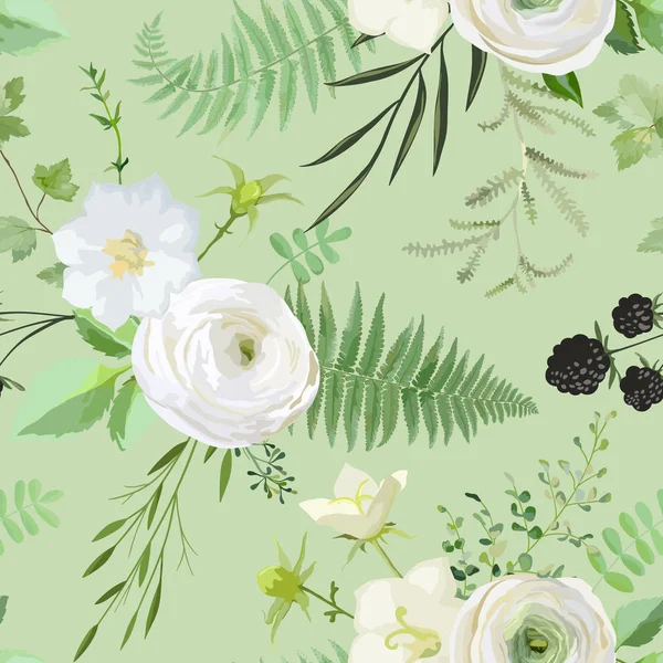 흰색 꽃, 열매, 녹색 잎의 꽃다발과 벡터 원활한 수채화 패턴. 결혼식, 카드, 배너, 인쇄를위한 식물 요소의 여름과 봄 소박한 식물 컬렉션 배경 — 스톡 벡터