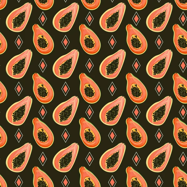 Fondo sin costuras con frutas tropicales, Papaya textura exótica para papel pintado, patrón textil, ilustración de vector botánico, moda de tela, plantilla tropical — Archivo Imágenes Vectoriales