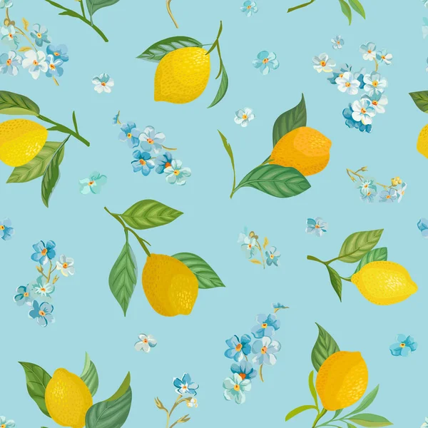 Bezproblémové citronové vzorce s tropickým ovocem, listy, zapomeňte na to, co je to květiny. Ručně vykreslené vektorové ilustrace ve stylu akvarel pro letní romantické krytí, tropické tapety, vinobraní texturu — Stockový vektor