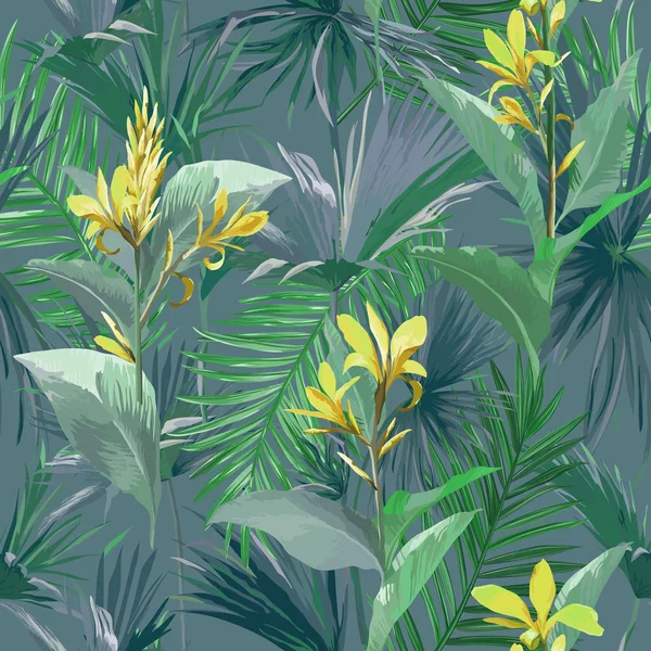 Folhas e flores tropicais da palma, selva deixa padrão de fundo floral vetorial sem costura para papel de parede, moda têxtil, impressão de tecido, modelo de design — Vetor de Stock